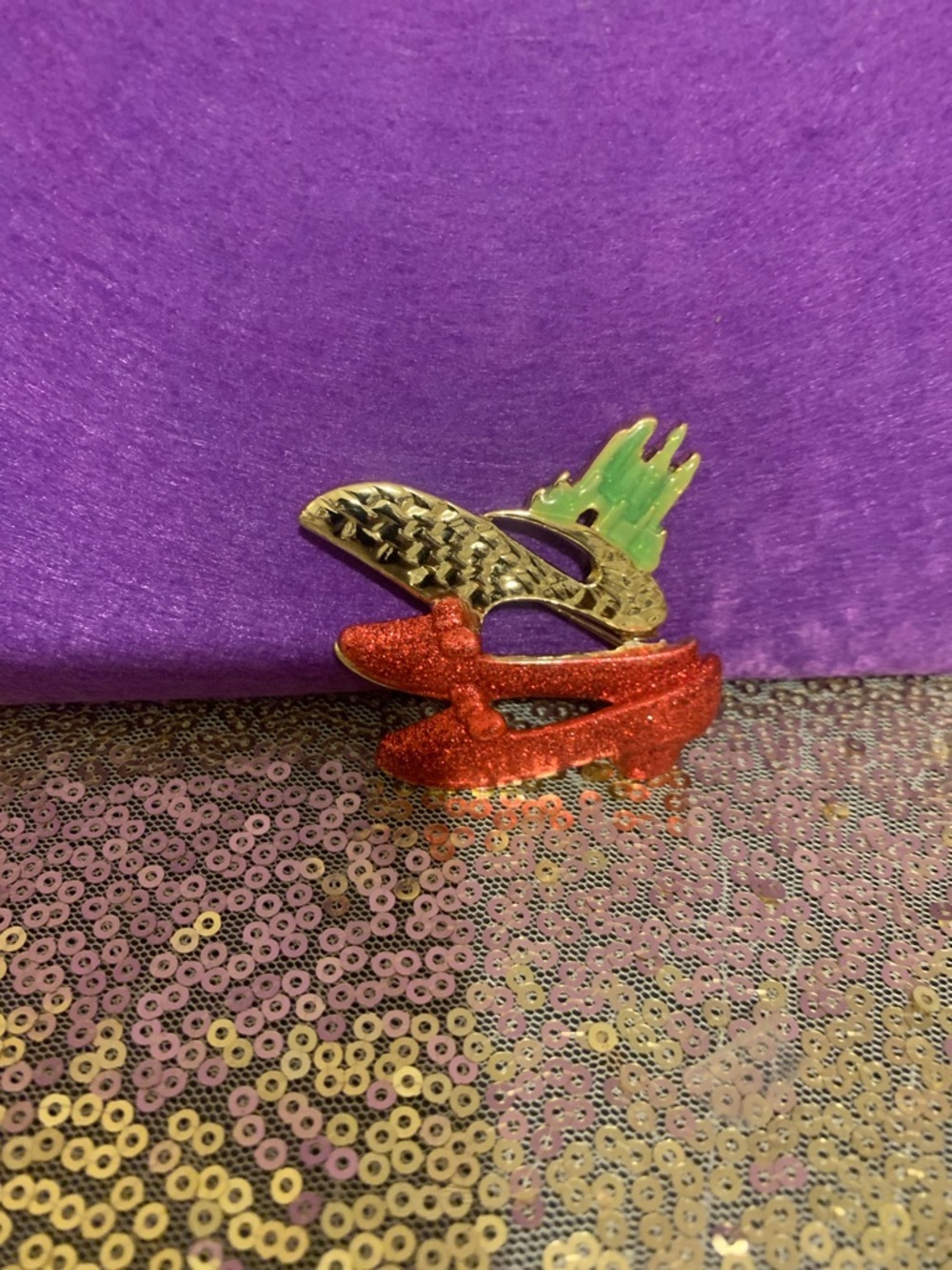 Vintage signed ACJ  Wizard of Oz Red Glitter & Gold Enamel Statement Brooch